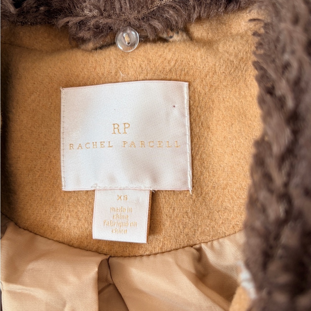 Rachel Parcell Tan Almond Plaid Double Breasted Faux Fur Collar Coat Size XS EUC - Picture 4 of 6